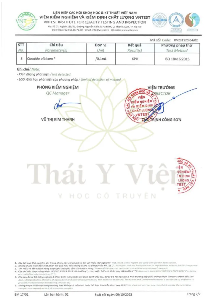 Phiếu kiểm nghiệm sản phẩm Cao Xoa Bóp Thái Y Viện
